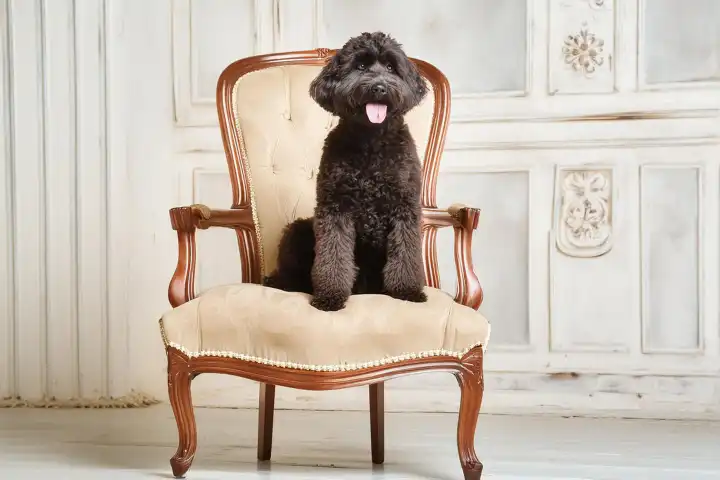 AI generated. Black Labradoodle sits on a beige chair