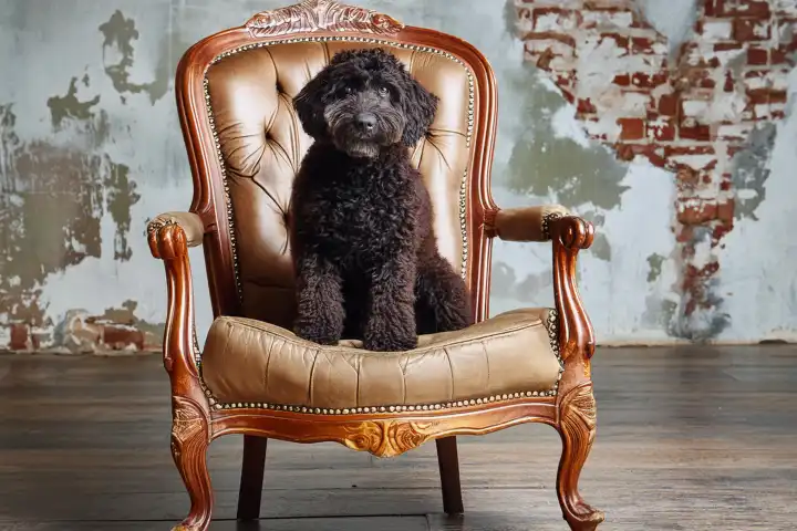 AI generated. Black Labradoodle sits on a leather chair
