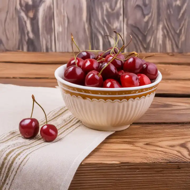 AI generated. Sweet ripe cherries in a small bowl on a wooden table