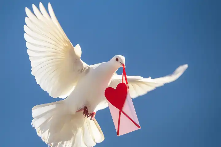 AI generated. A white carrier pigeon transports a love letter