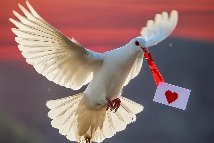AI generated. A white carrier pigeon transports a love letter