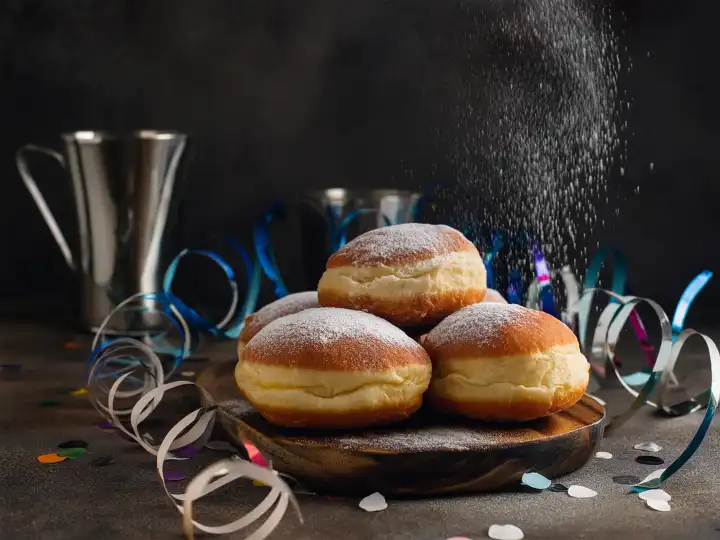 AI generated. New Year's Eve party, carnival party with doughnuts, trickling powdered sugar snow