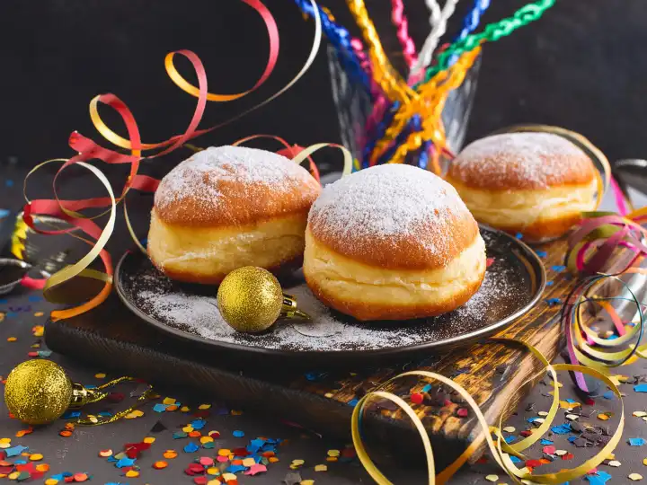 KI generated. New Year's Eve party with doughnuts and colorful decorations, generated with AI