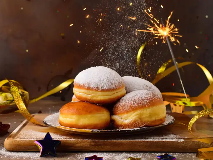 AI generated. New Year's Eve party, carnival party with doughnuts on wood, sparking sparklers on fire