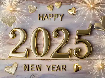 AI generated. Turn of the year 2025 with fireworks, hearts, Happy New Year and golden year digits on a white wooden background