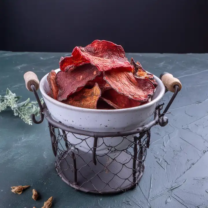AI generated. Bell pepper potato chips in a bowl hanging in a wire basket on a dark gray slate background