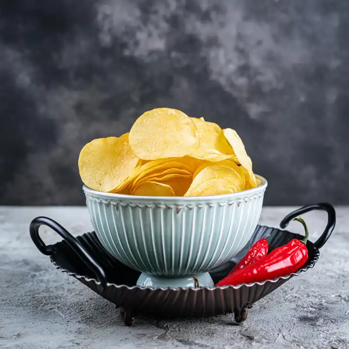 AI generated. A porcelain bowl filled with potato chips, paprika chips