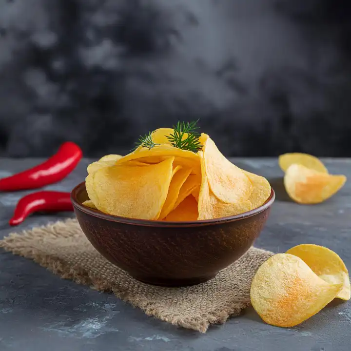 AI generated. A dark ceramic bowl filled with potato chips, paprika chips