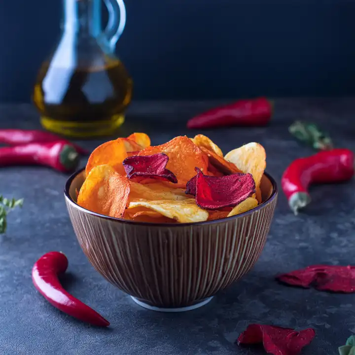 AI generated. Potato potato chips seasoned with paprika and a few beet potato chips in a bowl