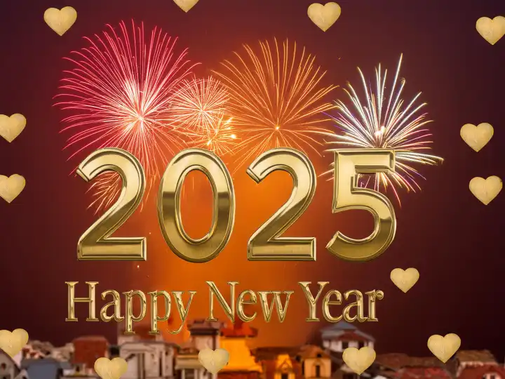 KI generiert. Jahreswechsel ins Jahr 2025 mit Feuerwerk, Herzchen, Happy New Year und goldene Jahresziffern