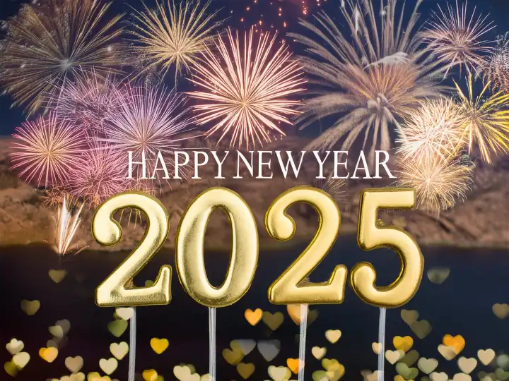 AI generated. Turn of the year into 2025 with fireworks, hearts, Happy New Year and golden year digits
