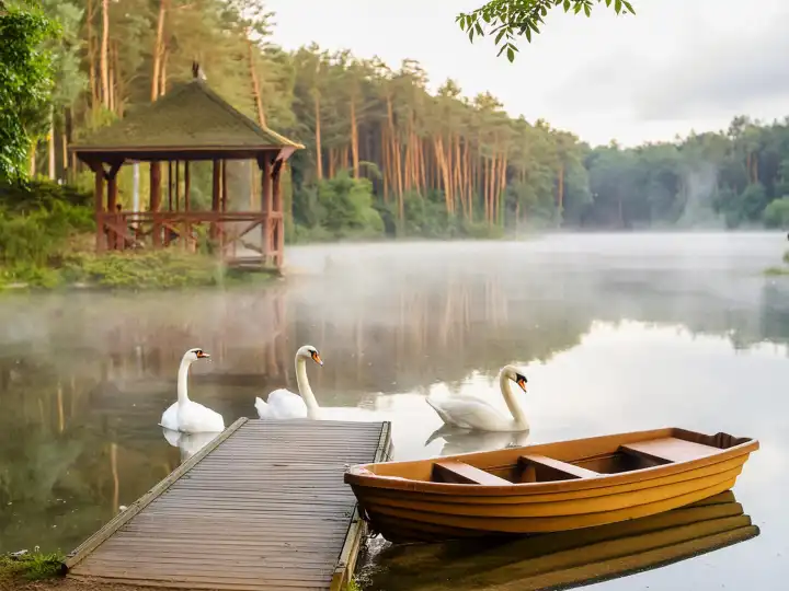 AI generated. Three white swans swim on a forest lake with morning mist above the water surface