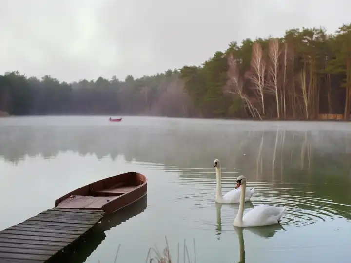 AI generated. Two white swans swimming on a forest lake with morning mist above the water surface, winter