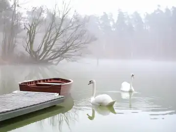 KI generiert. Zwei weiße Schwäne schwimmen auf einem Waldsee mit Morgennebel über der Wasseroberfläche, Winter