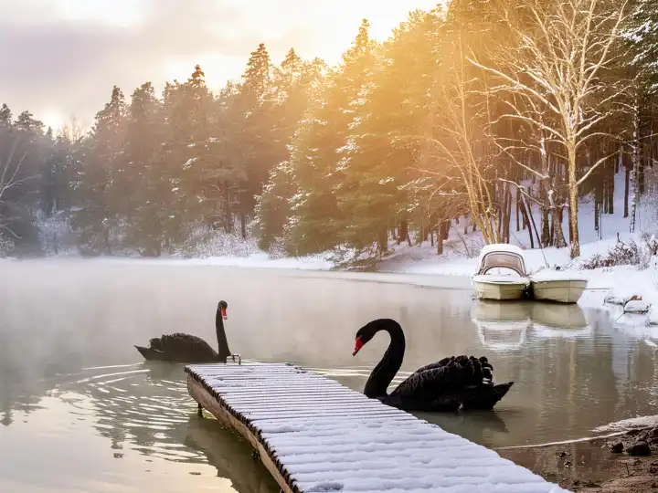 KI generiert. Zwei schwarze Trauerschwäne  schwimmen auf einem Waldsee mit Morgennebel über der Wasseroberfläche, Winter