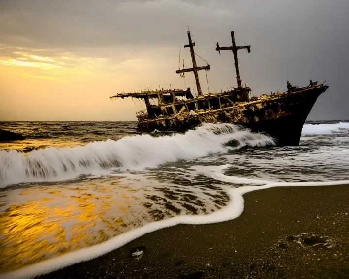 KI generiert. Gestrandetes Segelschiff in Schieflage auf dem Meer in Strandnähe, gelbes Sonnenlicht