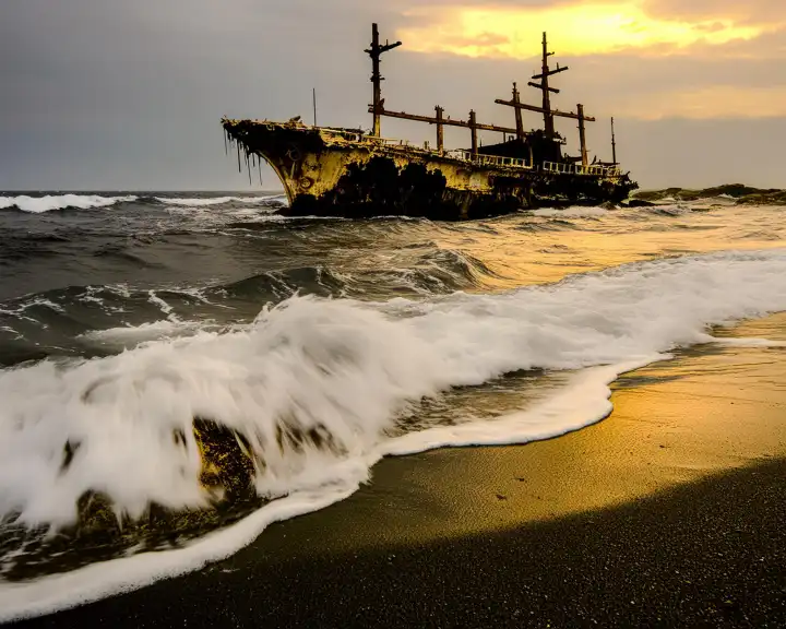 AI generated. Stranded sailing ship on the sea near the beach, yellow sunlight