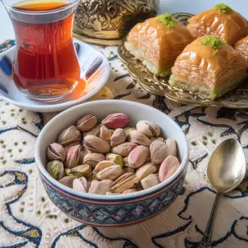 KI generiert. Teeglas mit heißem schwarzen Tee, dazu Pistazien und Baklava, türkische kulinarische Köstlichkeiten