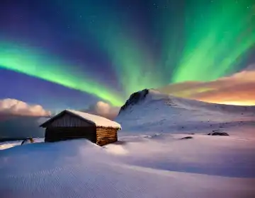 AI generated. Green northern lights over a wintry Nordic landscape