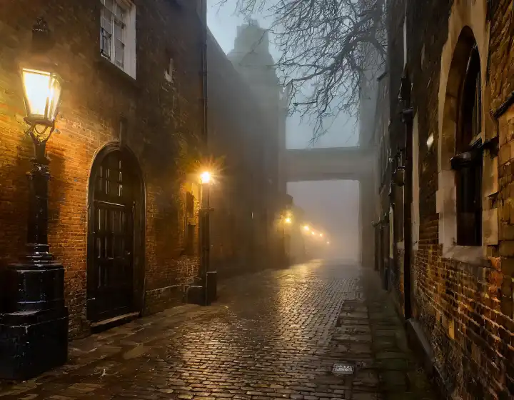 AI generated. Narrow alley with damp cobblestones, at night, rows of houses with fog from the nearby river, creepy atmosphere