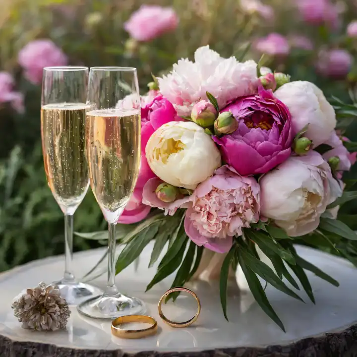 AI generated. Wedding. Bridal bouquet of peonies, two glasses of champagne and of course the wedding rings