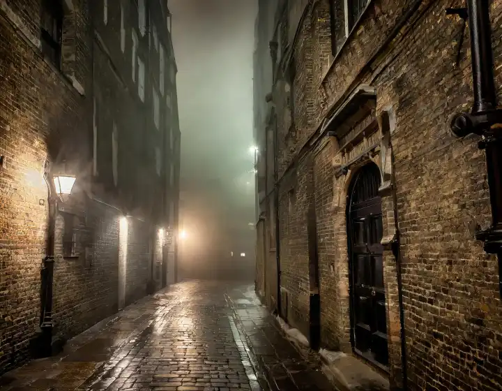 AI generated. Narrow alley with damp cobblestones, at night, rows of houses with fog from the nearby river, creepy atmosphere