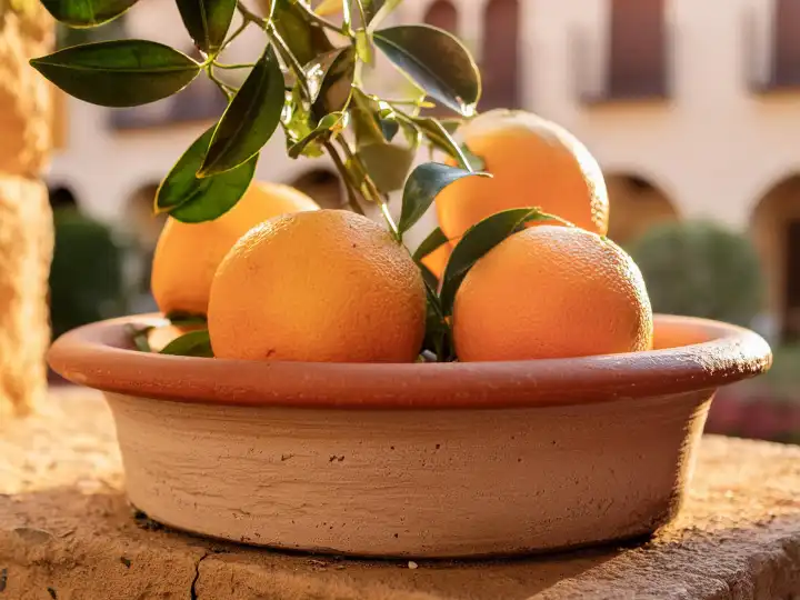 AI generated. Juicy, sweet oranges in a clay bowl under the southern sun