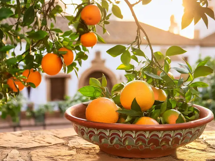KI generiert. Saftig süße Apfelsinen in einer Keramikschale unter südlicher Sonne