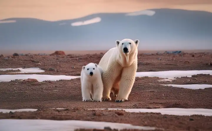 AI generated. Two polar bears have been robbed of their natural habitat. Climate change and the resulting global warming are robbing the animals of the ice and snow, the permafrost, their environment. Symbol Endangerment of habitats for the animals