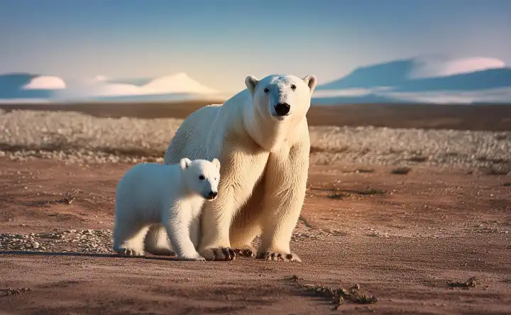 KI generiert. Zwei Eisbären sind ihrer angestammten natürlichen Umgebung beraubt. Der Klimawandel und die daraus resultierende Erderwärmung rauben den Tieren das Eis und den Schnee, den Permafrost, ihre Umwelt. Symbol Gefährdung der Lebensräume für die Tiere