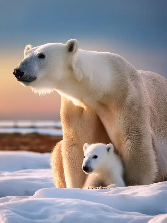 KI generiert. Zwei Eisbären sind ihrer angestammten natürlichen Umgebung beraubt. Der Klimawandel und die daraus resultierende Erderwärmung rauben den Tieren das Eis und den Schnee, den Permafrost, ihre Umwelt. Symbol Gefährdung der Lebensräume für die Tiere