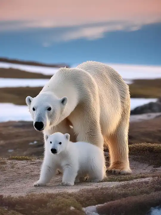 AI generated. Two polar bears have been robbed of their natural habitat. Climate change and the resulting global warming are robbing the animals of the ice and snow, the permafrost, their environment. Symbol Endangerment of habitats for the animals