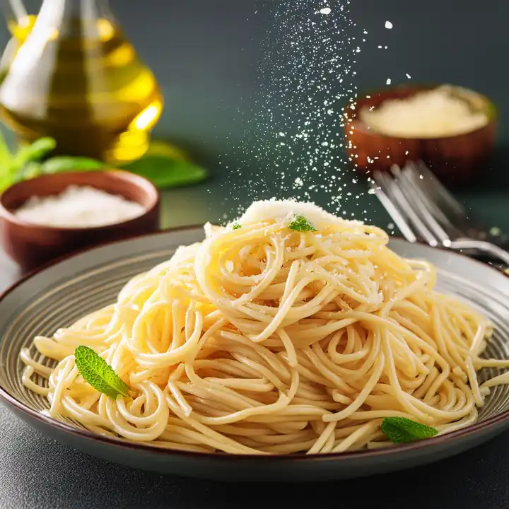 KI generiert. Ein Berg Spaghetti auf einem Teller, wird mit geriebenem Parmesan bestreut, à Part weiterer geriebener Parmesankäse in Schälchen, Flasche Olivenöl