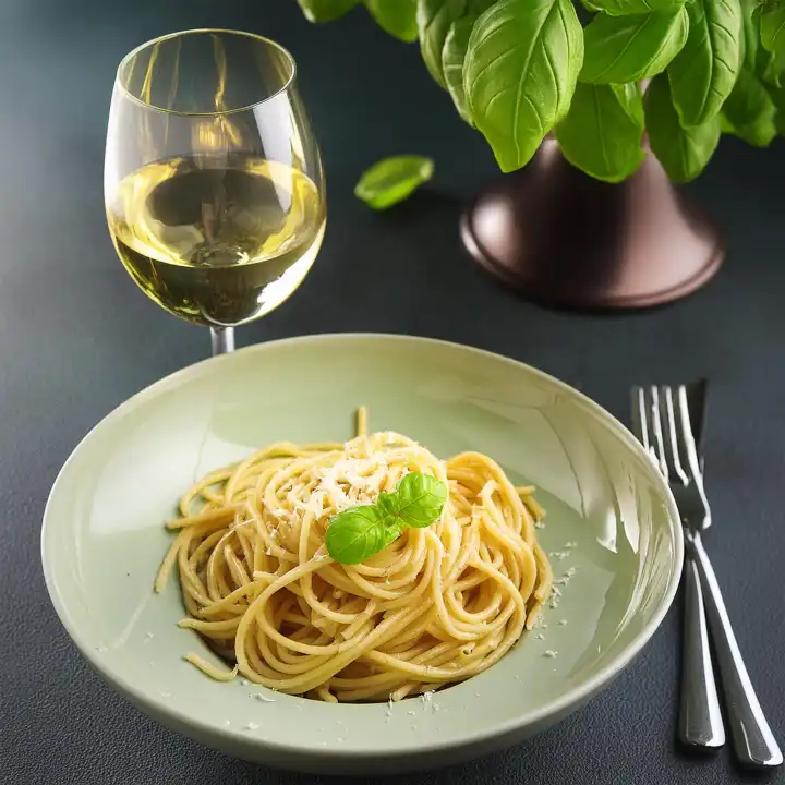 KI generiert. Teller Spaghetti mit geriebenem Parmesan bestreut, Basilikum, dazu ein Glas Weißwein