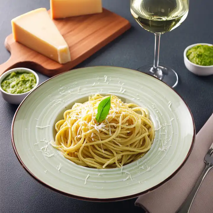 KI generiert. Teller Spaghetti mit geriebenem Parmesan bestreut, a part Basilikum-Pesto, dazu ein Glas Weißwein