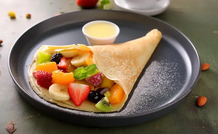 AI generated. Crêpe filled with fresh fruit, served with vanilla sauce à part