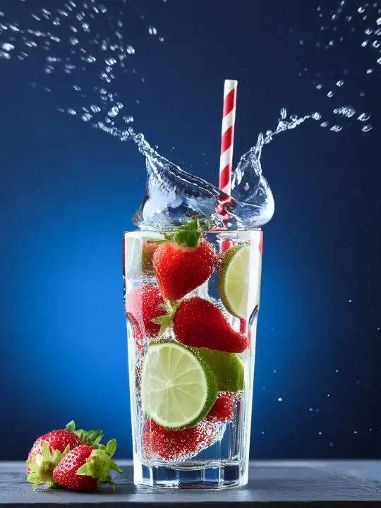 KI generiert. Sommerliches Erfrischungsgetränk aus eisgekühltem Wasser, Erdbeeren, Limettenscheiben