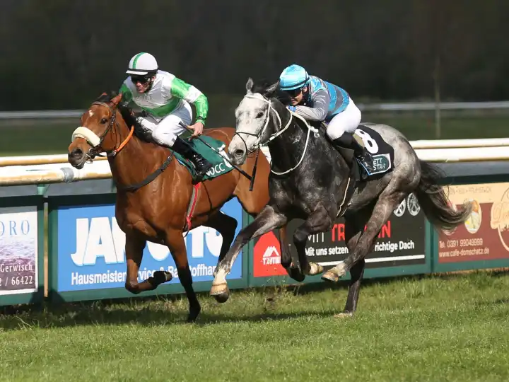 Rider Jozef Bojko 5 on Rollicking and rider Michaela Musialova 8 on Moonlight Shadow on April 23, 2022 race day at Magdeburg-Herrenkrug racecourse