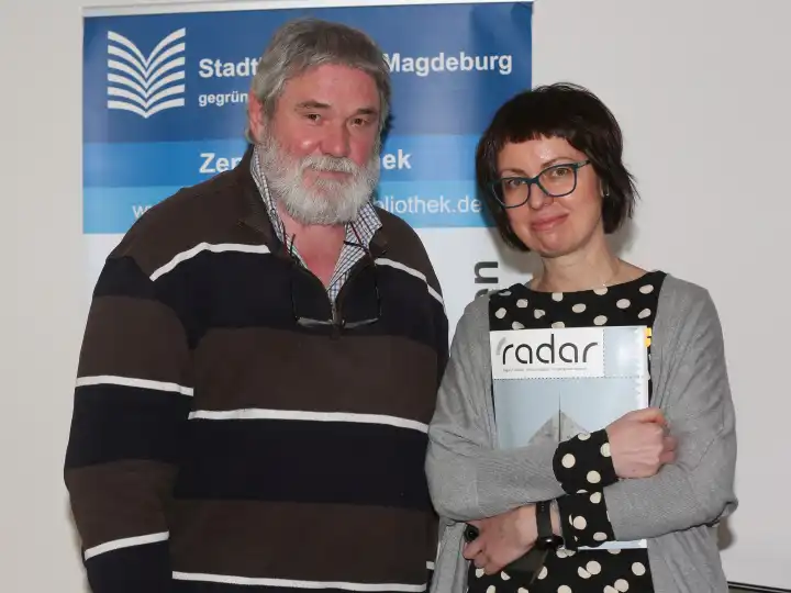 Protestant theologian and GDR civil rights activist Wolfram Tschiche and Ukrainian writer and journalist Natalka Sniadanko on 27.03.2023 after event in Magdeburg City Library