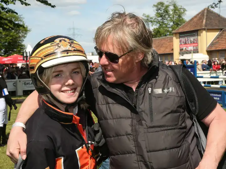 Dutch trotting driver Britt Grift with father and trainer Henk Grift after the 4.race on 18.05.2023 at the racecourse Magdeburg Herrenkrug