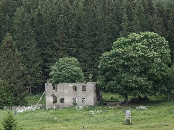 Ruin in the abandoned village of King's Mill in today's Czech Republic in summer 2023