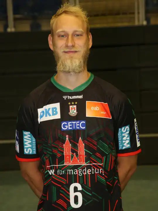 German handball player Matthias Musche SC Magdeburg portrait appointment season 2023/2024 Liqui Moly Handball Bundesliga HBL official photo appointment SC Magdeburg in GETEC Arena in Magdeburg on 21.07.2023