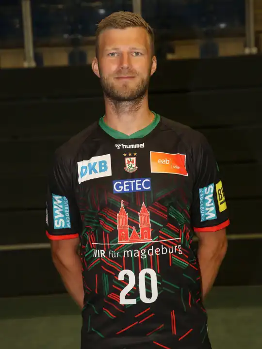 German handball player Philipp Weber SC Magdeburg portrait appointment season 2023-24 Liqui Moly Handball-Bundesliga HBL official photo appointment SC Magdeburg in the GETEC Arena in Magdeburg on 21.07.2023