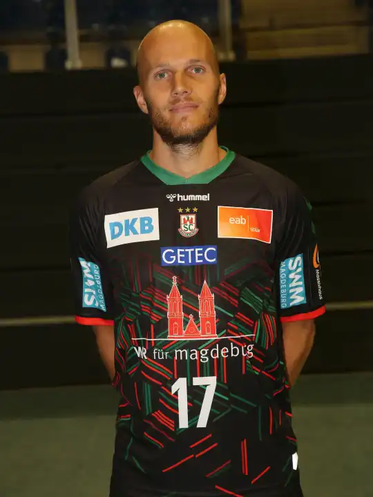 German handball player Tim Hornke SC Magdeburg portrait appointment season 2023/2024 Liqui Moly Handball Bundesliga HBL official photo appointment SC Magdeburg in the GETEC Arena in Magdeburg on 21.07.2023