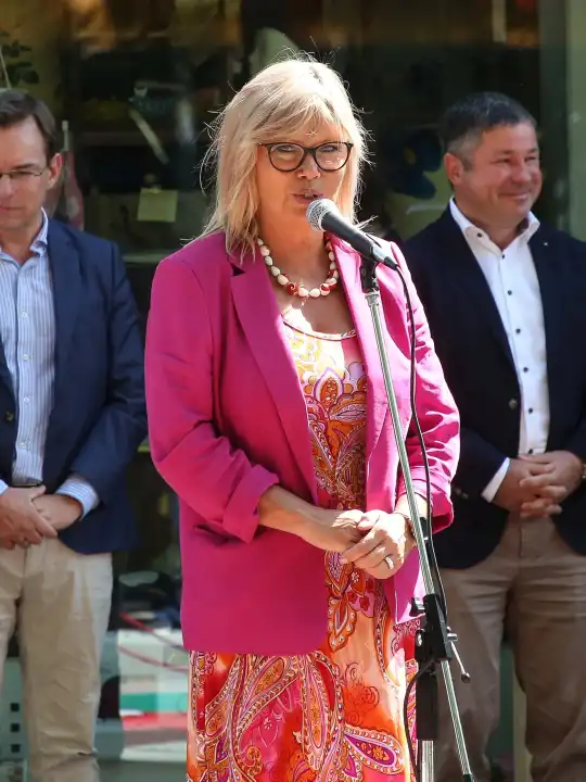Mayor of Magdeburg Simone Borris at the inauguration of the ground plate for the 2023 EHF Champions League winner SC Magdeburg on Magdeburg Sports Walk Of Fame on Aug. 14, 2023.