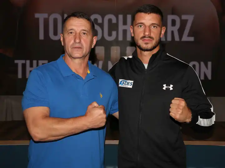 German light heavyweight boxer Ardian Krasniqi from the Magdeburg boxing stable Fides with father and trainer Agim Krasniqi at the press conference for THE SHOW MUST GO ON III in Magdeburg on 21.09.2023