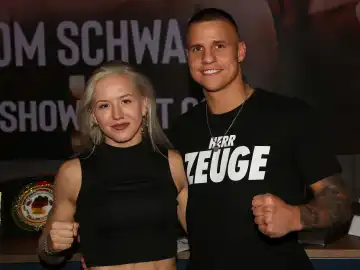 German super middleweight boxer Tyron Zeuge from the Magdeburg boxing stable Fides with girlfriend boxer Cheyenne Hanson at the press conference for THE SHOW MUST GO ON III on 21.09.2023 in Magdeburg, Germany