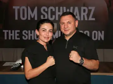 Promoter Burim Sylejmani and wife Gentiane Sylejmani of the Magdeburg boxing stable Fides Sports at the press conference for THE SHOW MUST GO ON III on 21.09.2023 in Magdeburg