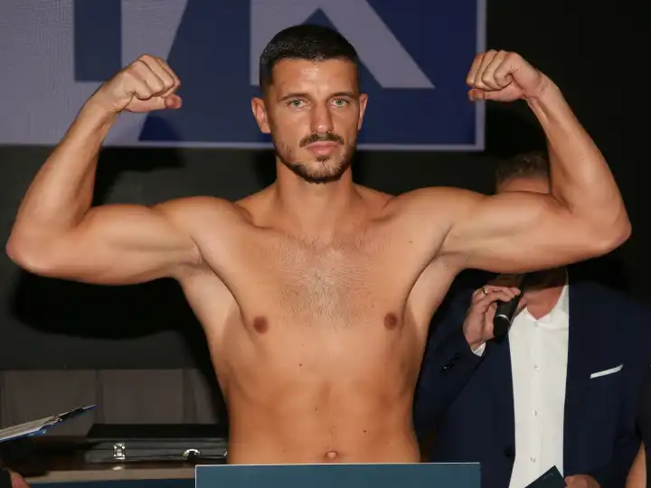 German light heavyweight boxer Ardian Krasniqi (Rottweil,Germany) from the Magdeburg boxing stable Fides Sports at the official weigh-in for THE SHOW MUST GO ON III on Sept. 22, 2023 in Magdeburg, Germany