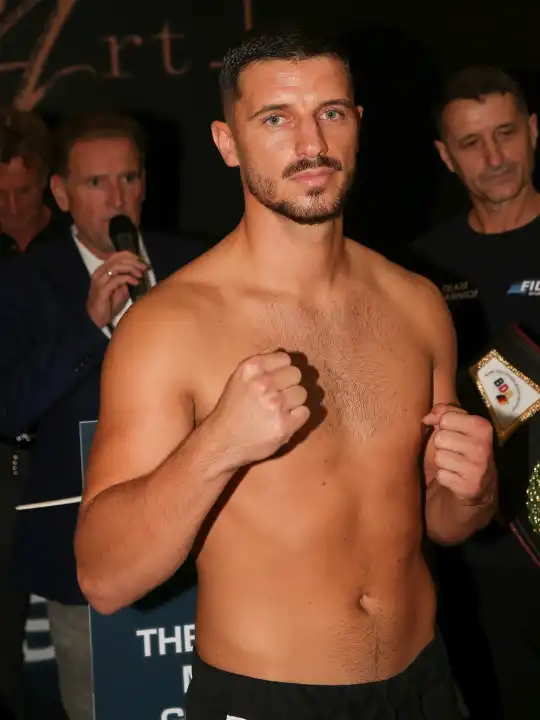 German light heavyweight boxer Ardian Krasniqi (Rottweil,Germany) from the Magdeburg boxing stable Fides Sports at the official weigh-in for THE SHOW MUST GO ON III on Sept. 22, 2023 in Magdeburg, Germany